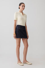 Loraine Mid Rise Denim Mini Skirt - Indigo Pinstripe